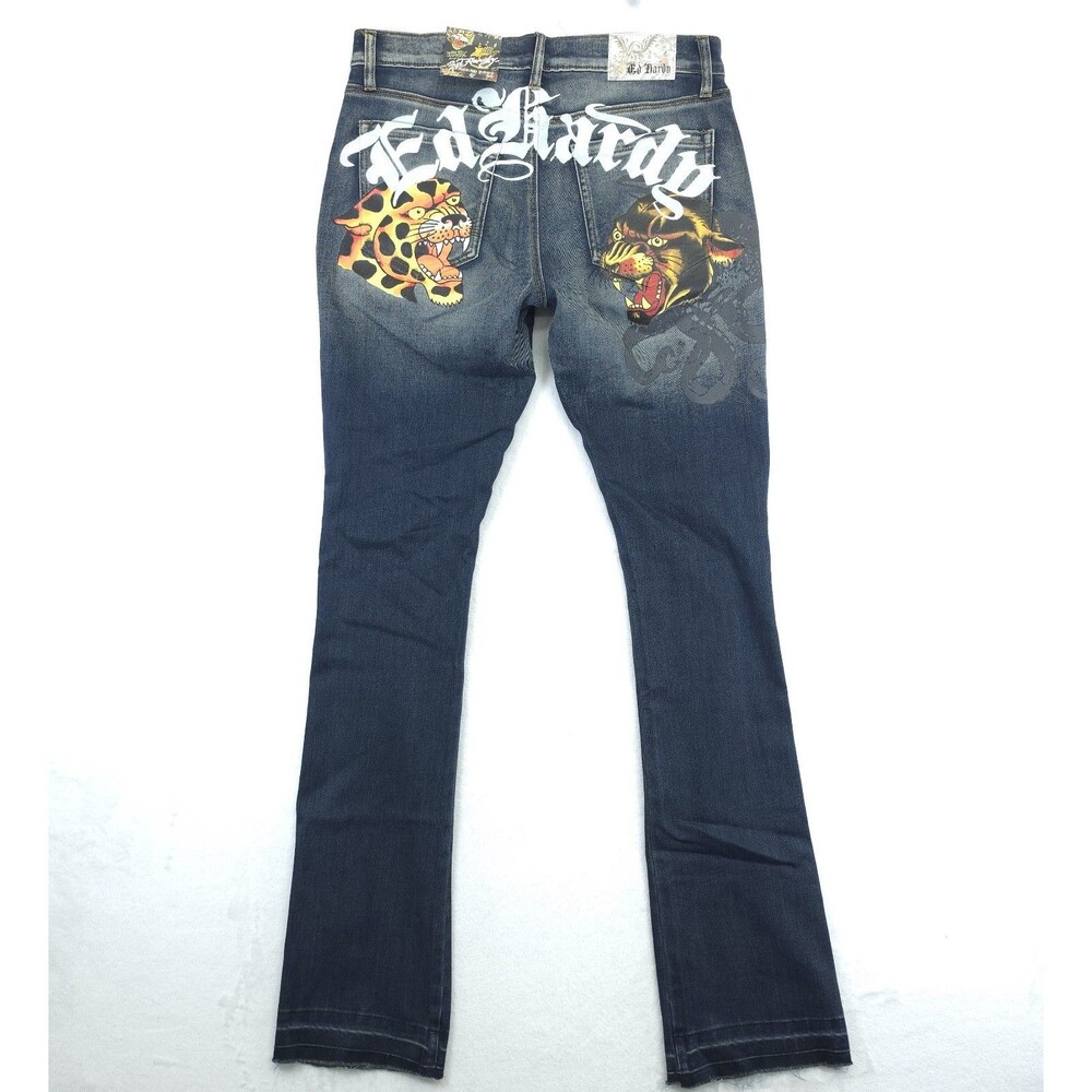 ED Hardy Stacked Boot Blue Jeans Cheetah Panther Print Mens Size 32x36 NWT